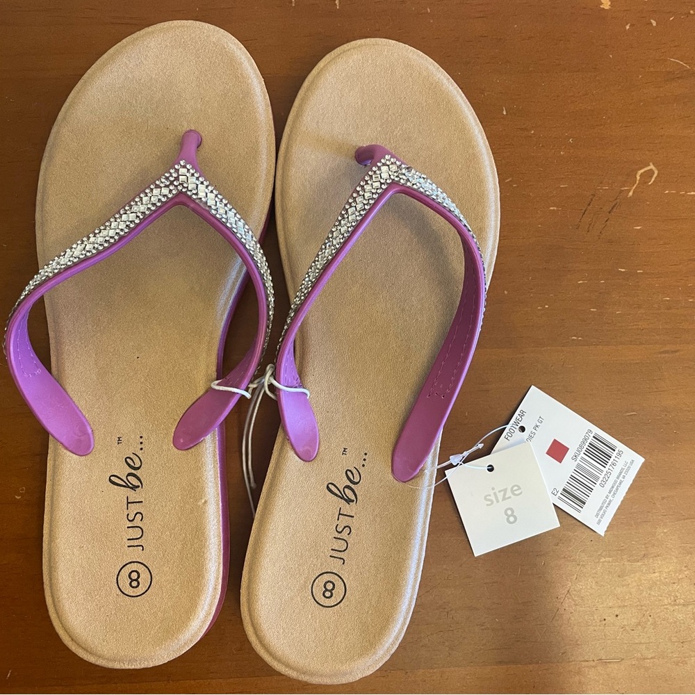 NWT Just be Purple Rhinestone Thong Sandals with Tan Footbed